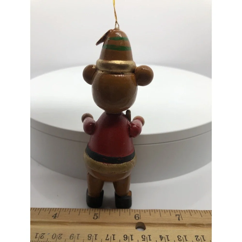 Vintage Christmas Wooden Teddy Bear Toy Ornament With‎ Horn Musical 4.25